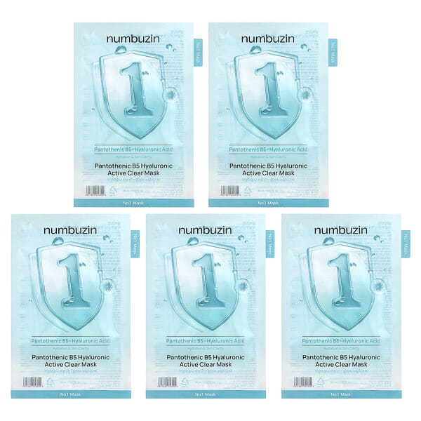Numbuzin, No.1 Pantothenic B5 Hyaluronic Active Clear Beauty Mask, 5 Sheets, 0.87 fl oz (26 ml) Each