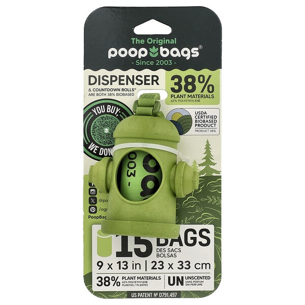 Original Poop Bags, Bag Dispenser + Bags, Green, үнэргүй, 1 Dispenser, 15 Bags