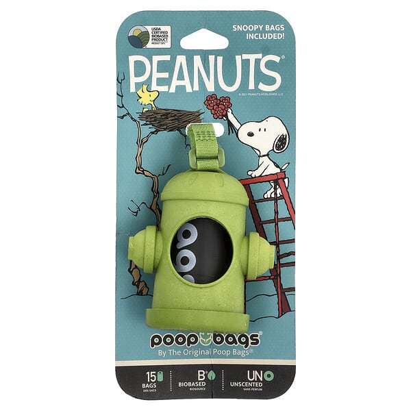 Original Poop Bags, Peanuts®, Bag Dispenser, Green, Snoopy Bags, үнэргүй, 1 Dispenser, 15 Bags