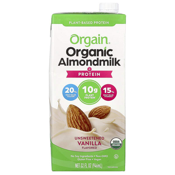 Orgain, Organic Almondmilk  + Protein, ургамлын гаралтай, Unsweetened Vanilla, 32 fl oz (946 ml)