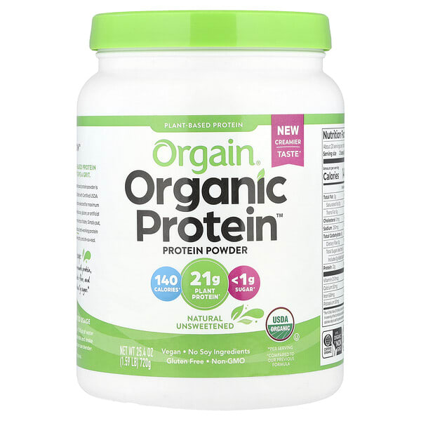 Orgain, Organic Protein Powder, ургамлын гаралтай, Natural Unsweetened, 1.59 lb (720 g)