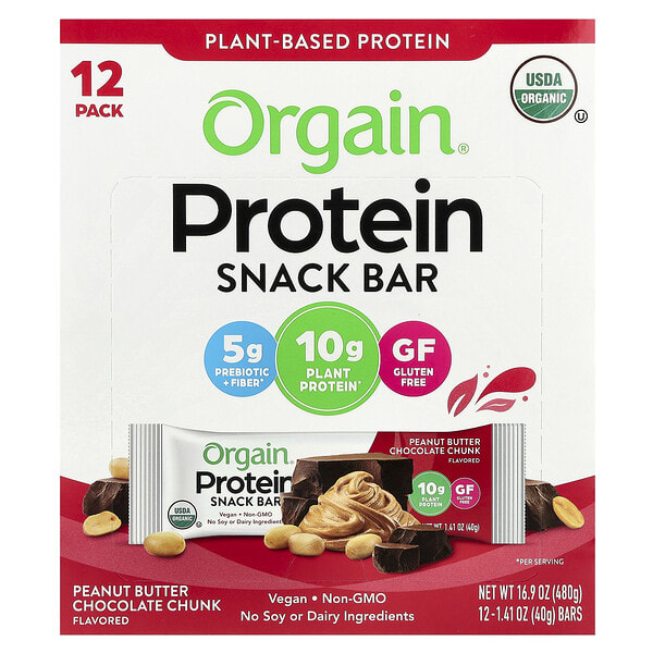 Orgain, Organic Plant-Based Protein Snack Bar, Peanut Butter Chocolate Chunk, 12 Bars, 1.41 oz (40 g) тус бүр