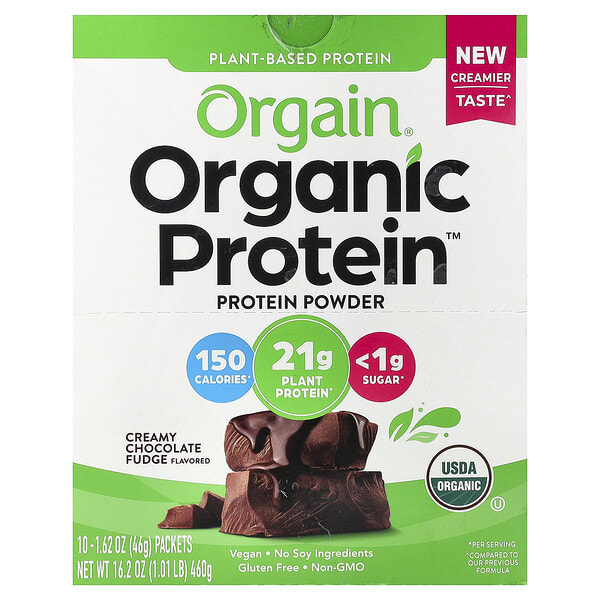 Orgain, Organic Protein™ Powder, ургамлын гаралтай, Creamy Chocolate Fudge, 10 Packets, 1.62 oz (46 g) Each