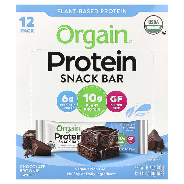 Orgain, Protein Snack Bar, Chocolate Brownie, 12 Bars, 1.41 oz (40 g) тус бүр