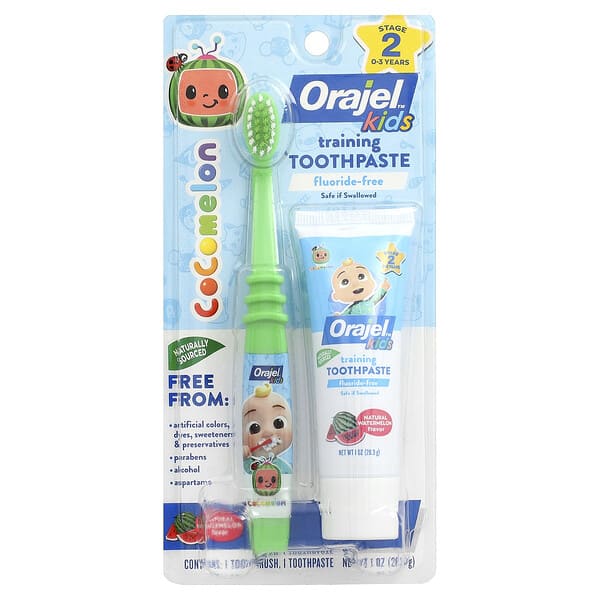 Orajel, Хүүхдийн, Cocomelon Training Toothpaste with Toothbrush, Fluoride-Free, 0-3 Years, Watermelon, 2 Piece Set, 1 oz (28.3 g) (Discontinued Item)