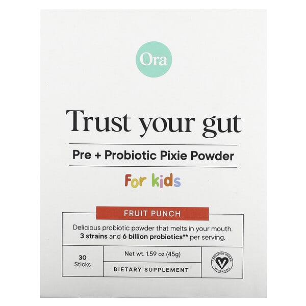 Ora, Trust Your Gut, Pre + Probiotic Pixie Powder, For Kids, жимс Punch, 6 Billion, 30 Sticks, 0.05 oz (1.5 g) Each