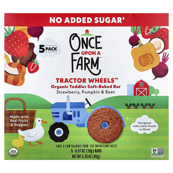 Once Upon A Farm, Tractor Wheels™, Organic Toddler Soft-Baked Bar, Strawberry, Pumpkin & Beet, 5 Bars, 0.67 oz (19 g) Each