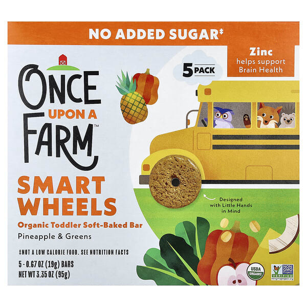Once Upon A Farm, Smart Wheels, Organic Toddler Soft-Baked Bar, Pineapple & Greens, 5 Bars, 0.67 oz (19 g) Each