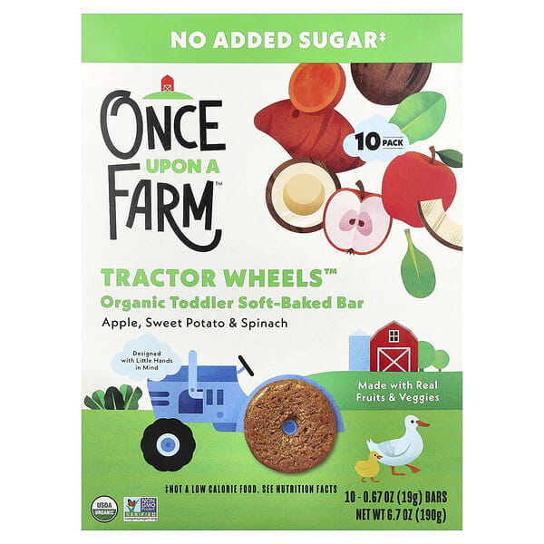 Once Upon A Farm, Tractor Wheels™, Organic Toddler Soft-Baked Bar, Apple, Sweet Potato & Spinach, 10 Bars, 0.67 oz (19 g) Each