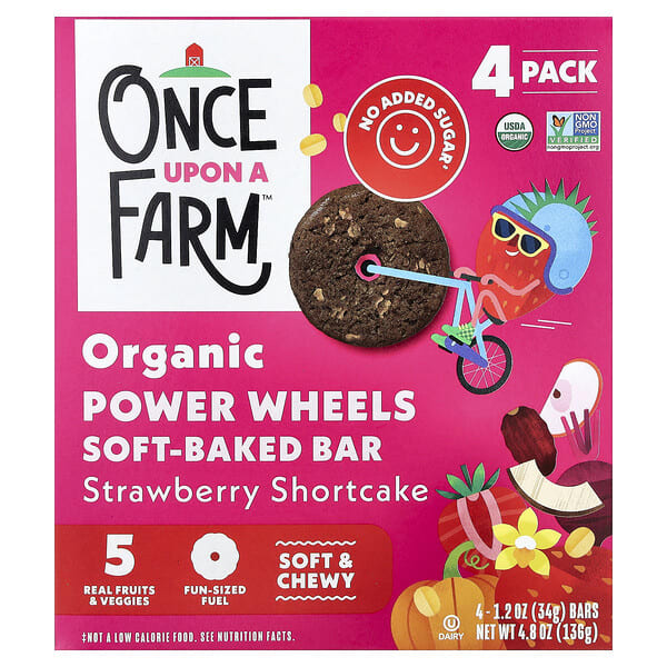 Once Upon A Farm, Organic Power Wheels, Soft-Baked Bar, Strawberry Shortcake, 4 Bars, 1.2 oz (34 g) Each