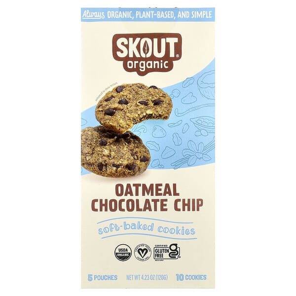 Skout Organic, Soft-Baked Cookies, Oatmeal Chocolate Chip, 5 Pouches, 2 Cookies (24 g)  Each