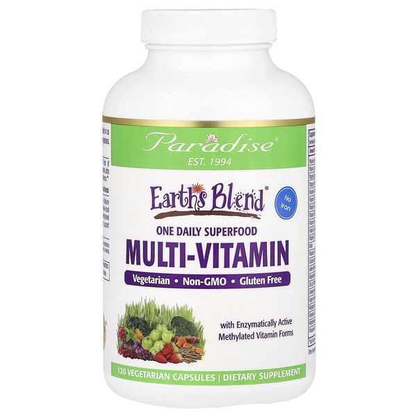 Paradise Herbs, Earth's Blend®, One Daily Superfood Multi-Vitamin, No Төмөр, 120 ширхэг капсул