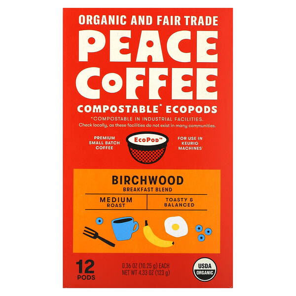 Peace Coffee, Organic Birchwood Breakfast Blend, Medium Roast, 12 Pods, 0.36 oz (10.25 g) Each (Discontinued Item)