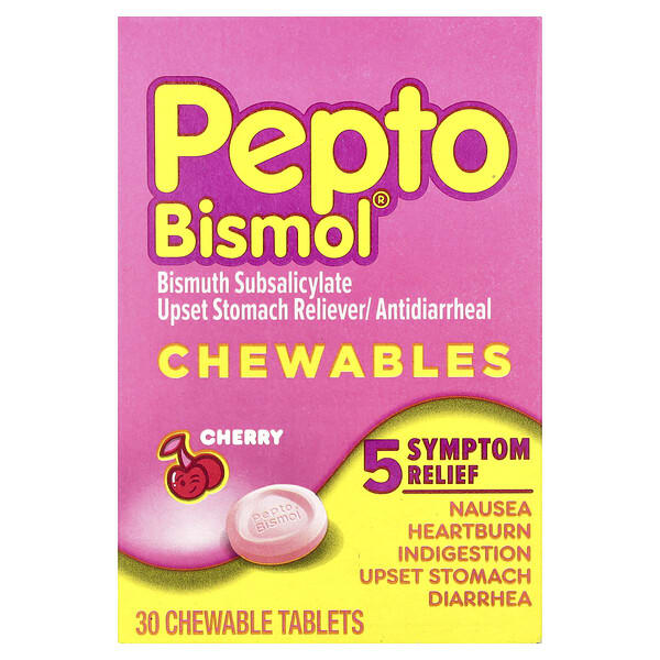 Pepto Bismol, зажилдаг шахмал, Cherry, 30 Chewable Tablets (131 mg per Tablet)