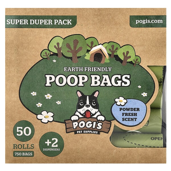 Pogi's Pet Supplies, Earth Friendly Poop Bags, Super Duper Pack, Powder Fresh, 50 Rolls, 750 Bags, 2 Dispensers