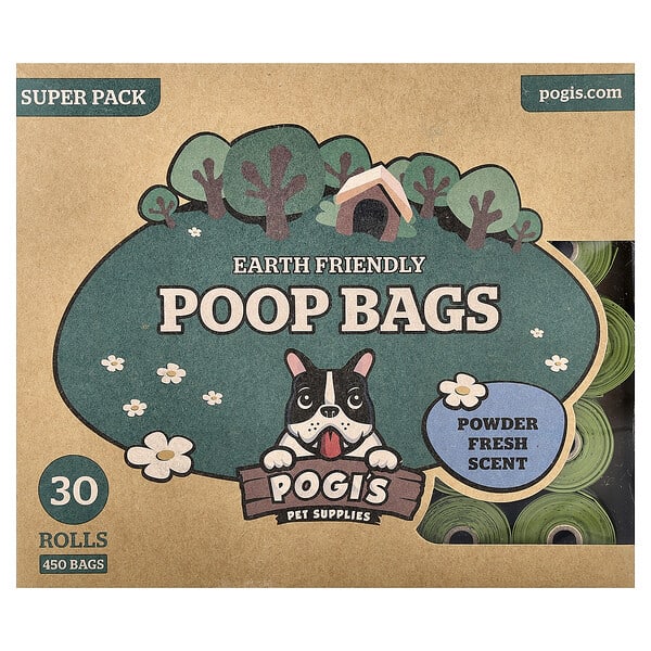 Pogi's Pet Supplies, Earth Friendly Poop Bags, Super Pack, Powder Fresh, 30 Rolls, 450 Bags