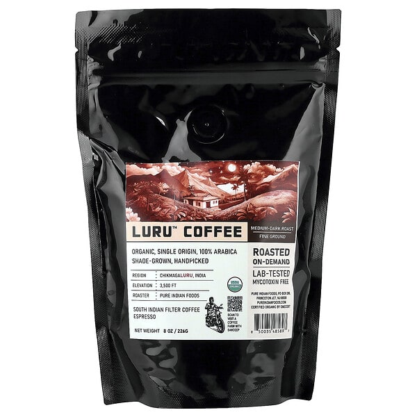 Pure Indian Foods, Luru™ Coffee, Fine Ground, Medium-Dark Roast, 8 oz (226 g)