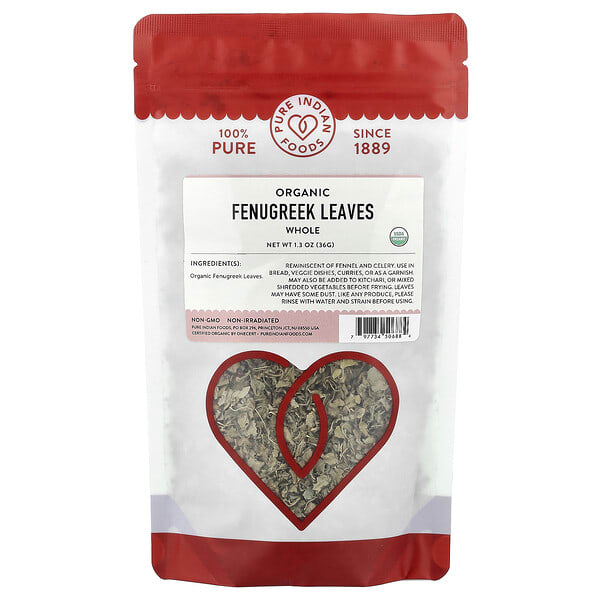 Pure Indian Foods, Organic Fenugreek Leaves, бүтэн, 1.3 oz (36 g)
