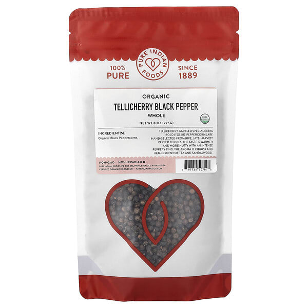 Pure Indian Foods, Organic Tellicherry Black Pepper, бүтэн, 8 oz (226 g)