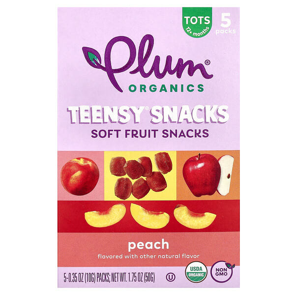 Plum Organics, Teensy Soft Fruits Snacks, 12+ Months, Peach, 5 Packs, 0.35 oz (10 g) тус бүр