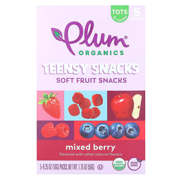 Plum Organics, Teensy Snacks, Soft Fruit Snacks, Tots 12+ Months, Mixed жимс, 5 Packs, 0.35 oz (10 g) тус бүр