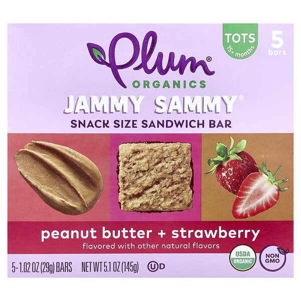 Plum Organics, Jammy Sammy®, Snack Size Sandwich Bar, 15+ Months, Peanut Butter + Strawberry, 5 Bars, 1.02 oz (29 g) тус бүр