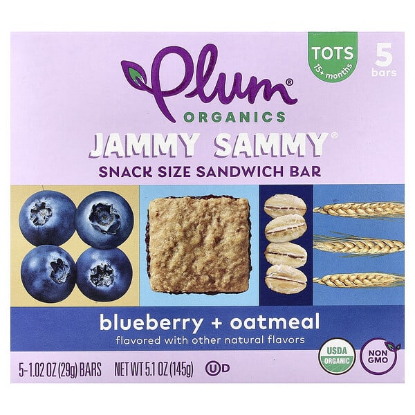 Plum Organics, Jammy Sammy®, Snack Size Sandwich Bar, 15+ Months, Blueberry & Oatmeal, 5 Bars, 1.02 oz (29 g) тус бүр