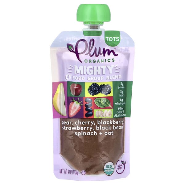Plum Organics, Mighty 4 Food Group Blend, Tots, Pear, Cherry, Blackberry, Strawberry, Black Bean, Spinach & Oat, 4 oz (113 g)