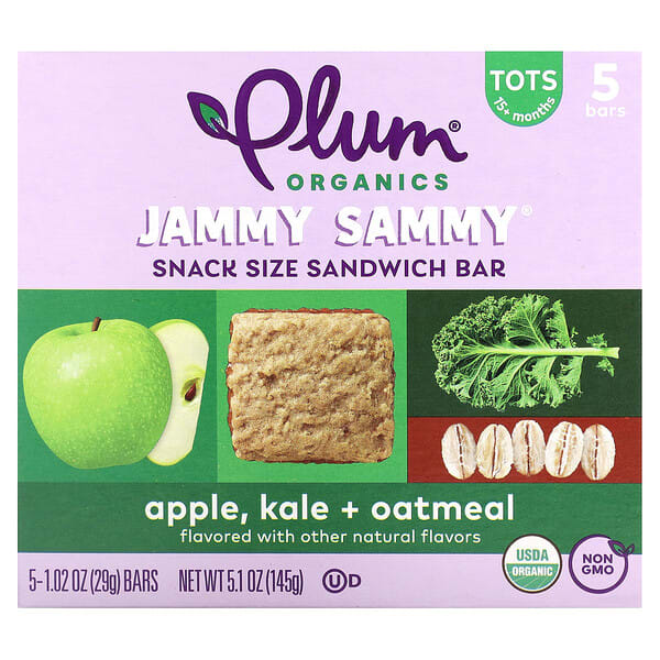 Plum Organics, Jammy Sammy, Snack Size Sandwich Bar, 15 Months and Up, Apple, Kale + Oatmeal, 5 Bars, 1.02 oz (29 g) тус бүр