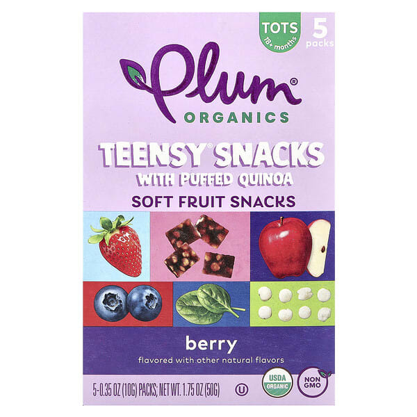 Plum Organics, Teensy Snacks with Puffed Quinoa, Soft Fruit Snacks, 18+ Months, жимс, 5 Packs, 0.35 oz (10 g) тус бүр