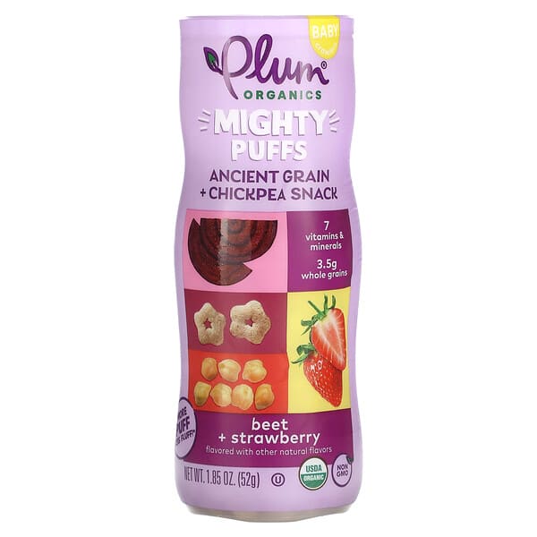 Plum Organics, Mighty Puffs, Ancient Grain + Chickpea Snack, Нярайн, Beet + Strawberry, 1.85 oz (52 g)