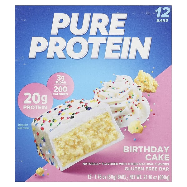 Pure Protein, Gluten Free Bars, Birthday Cake, 12 Bars, 1.76 oz (50 g) Bars