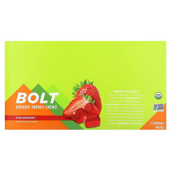 ProBar, Bolt, Organic Energy Chews, Strawberry, 12 Packs, 2.1 oz (60 g) тус бүр