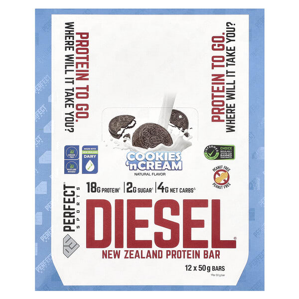 PERFECT Sports, Diesel, New Zealand Protein Bar, Cookies'n Cream, 12 Bars, 50 g Each (Discontinued Item)