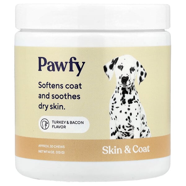 Pawfy, Skin And Coat, Turkey & Bacon, 30 Chews, 4 oz (113 g)