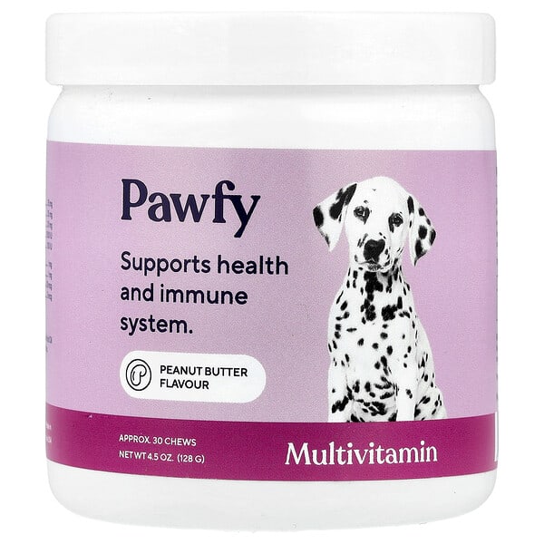 Pawfy, Мультивитамин, For Dogs, 6 Months+, Peanut Butter, 30 Chews, 4.5 oz (128 g)