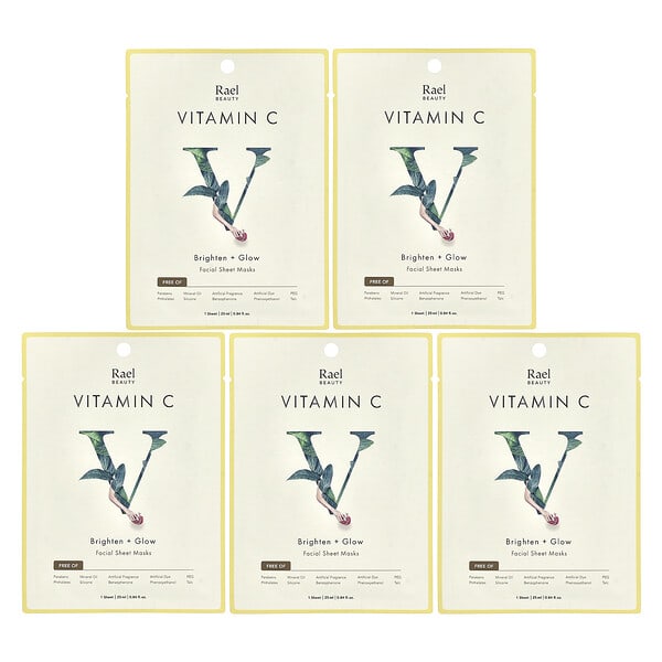 Rael, Витамин C, Brighten + Glow Facial Beauty Sheet Masks, 5 Sheets, 0.84 fl oz (25 ml) Each