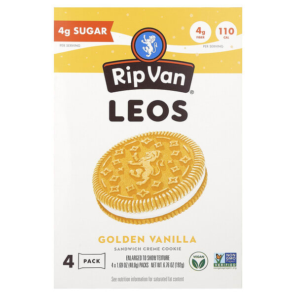 Rip Van Wafels, Leos, Sandwich Creme Cookie, Golden Vanilla, 4 Packs, 1.69 oz (48 g) Each
