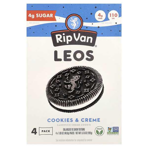 Rip Van Wafels, Leos, Sandwich Creme Cookie, Cookies & Creme, 4 Packs, 1.69 oz (48 g) Each
