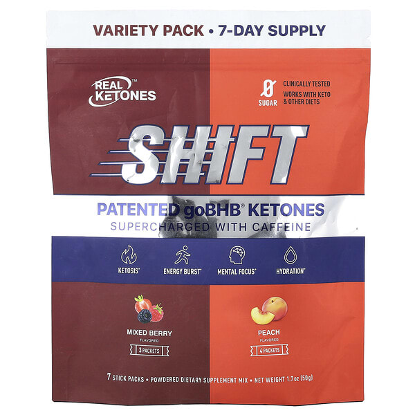 Real Ketones, Shift, Supercharged With Caffeine, Variety Pack, Mixed жимс, Peach, 7 савтай нунтаг, 0.26 oz (7.3 g) Each