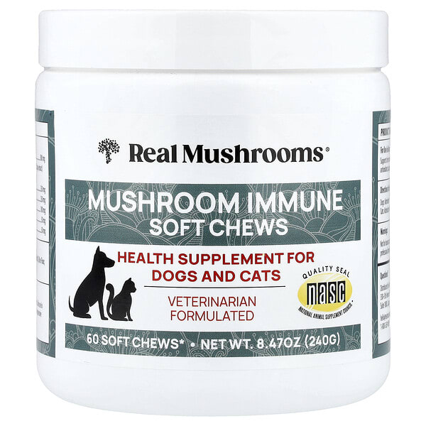 Real Mushrooms, Mushroom Immune Soft Chews, For Dogs ба Cats, 60 Chews, 8.47 oz (240 g)