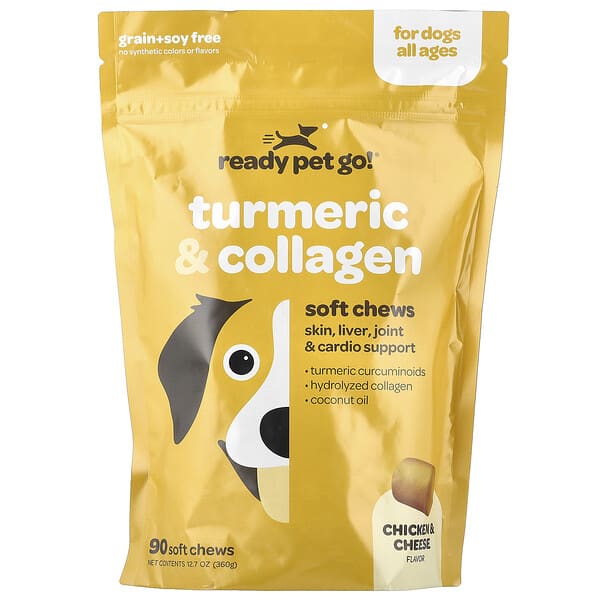 Ready Pet Go, Куркума & Коллаген, For Dogs, All Ages, Chicken & Cheese, 90 Soft Chews, 12.7 oz (360 g)