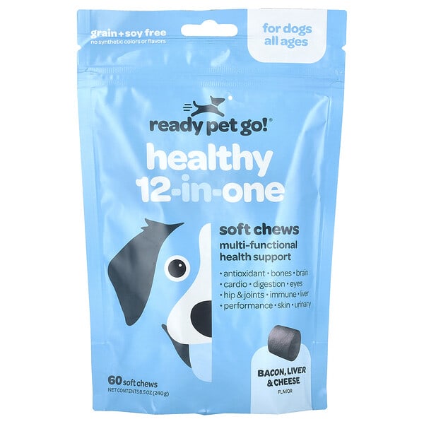 Ready Pet Go, Healthy 12-In-One, For Dogs, All Ages, Bacon, Liver & Cheese, 60 Soft Chews, 8.5 oz (240 g)