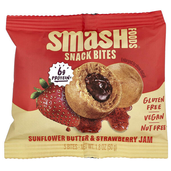 Smash Foods, Snack Bites, Sunflower Butter & Strawberry Jam, 5 Bites, 1.8 oz (50 g) (Discontinued Item)