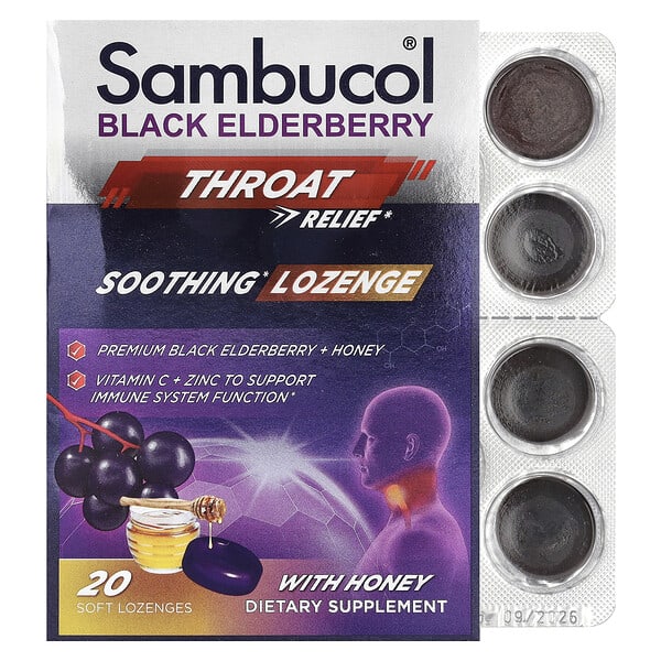 Sambucol, Black Бузны жимс, Throat Relief, Soothing Lozenge With Honey, 20 Soft Lozenges