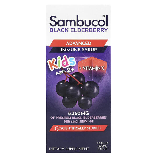Sambucol, Хүүхдийн, Black Бузны жимс, Advanced Immune Syrup, Ages 2+, 8, 360 мг, 7.8 fl oz (230 ml)