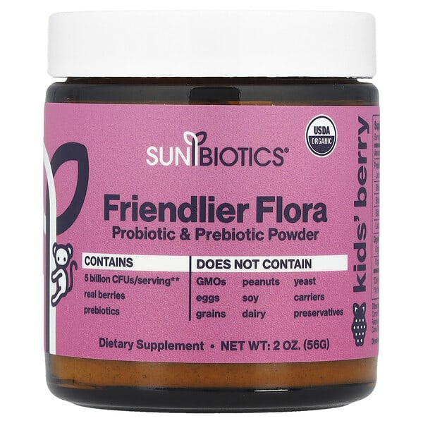 Sunbiotics, Kids Friendlier Flora, Probiotic & Prebiotic Powder, жимс, 5 тэрбум CFU, 2 oz (56 g)