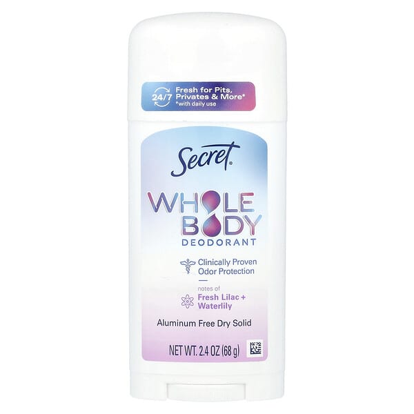 Secret, Whole Body Deodorant, Aluminum Free Dry Solid, Fresh Lilac + Waterlily, 2.4 oz (68 g) (Discontinued Item)