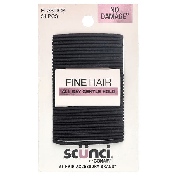 Scunci, No Damage® Elastics, Fine Hair, All Day Gentle Hold, Black, 34 Pieces (Discontinued Item)