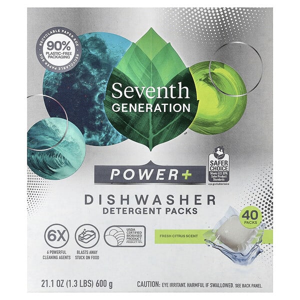 Seventh Generation, Power+ Dishwasher Detergent Packs, Fresh Citrus, 40 Packs, 21.1 oz (600 g)